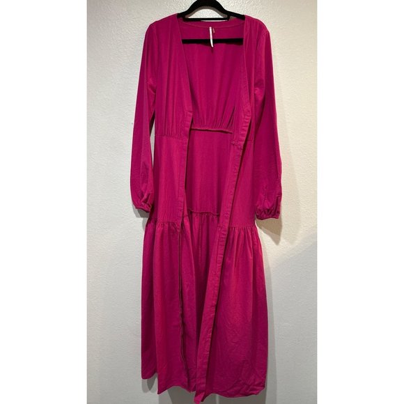 Free People S Kendra belted button front long sleeve Midi Dress in Pink - Picture 11 of 15